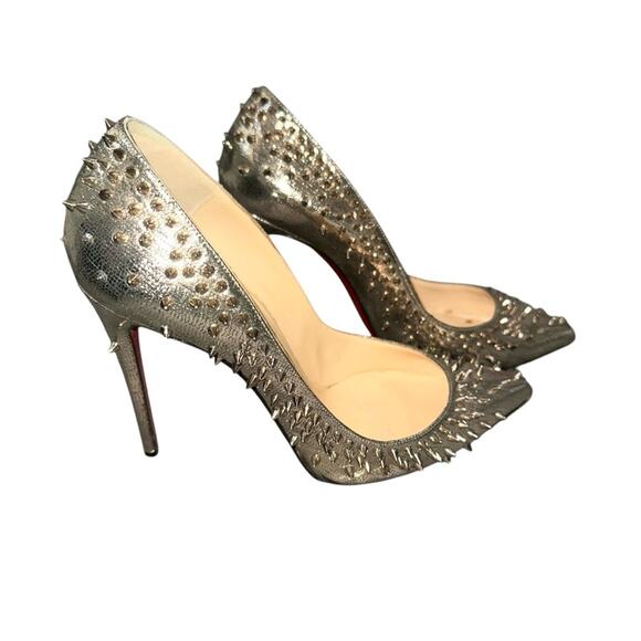 Christian Louboutin Escarpic Gold Spiked Studded Pumps Heels Red Bottoms 37.5 - Picture 1 of 8